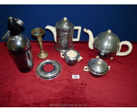 A retro china and white metal 'Heatmaster' teapot, coffee pot, sugar and milk jug with 'Sparklers Imt' soda siphon.