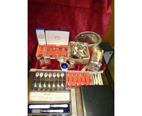 A good quantity of plated cutlery including boxed sets of commemorative cutlery, napkin rings, large ladle, cruet set with bl