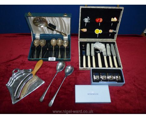 A quantity of cutlery including a part fruit set, with ladle, a boxed set of four Wedgwood epns salad servers, plus another c