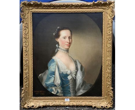 Follower of Allan Ramsay, a large ornately framed Oil on canvas a half-length Portrait with script to the lower left: "Mrs. R