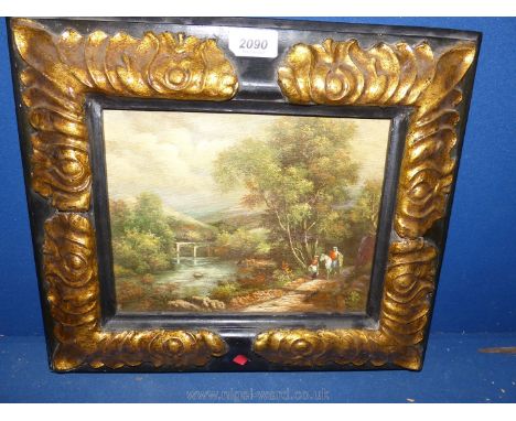 A heavy black and gilt framed over-painted Print on canvas depicting two figures, one on horseback walking a riverside path, 