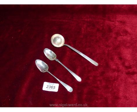 A London silver Sauce Ladle, dated 1936,, makers Goldsmiths &amp; Silversmiths Co.Ltd plus two other silver spoons with rubbe