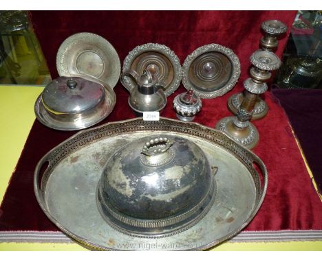 A quantity of plated items including galleried oval tray, meat cover, muffin dish, candlesticks, wine coasters, lighter etc.