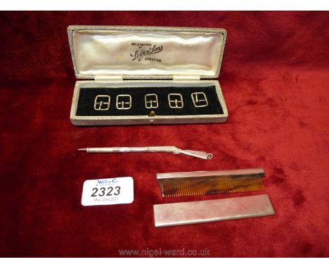 A cased set of five silver Buckles, Birmingham maker, propelling toothpick in the shape of a shotgun, a/f and a small Birming