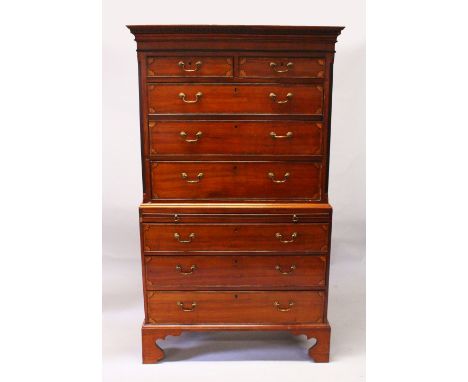 A GEORGE III MAHOGANY AND INLAID TALLBOY, with dentil cornice, two short and three long drawers flanked by fluted corners, ov