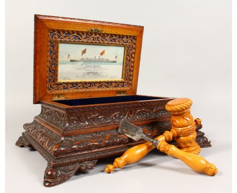 NAVAL INTEREST: HMS ANSON, A GOOD CARVED PRESENTATION CASKET, GAVEL AND CHISEL, to commemorate the naming and launching of th