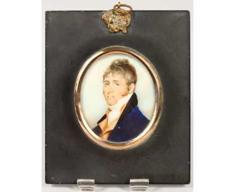 EARLY 19TH CENTURY ENGLISH SCHOOL, PORTRAIT OF COLONEL R. BALL, wearing a blue coat. 2.5ins x 2ins.