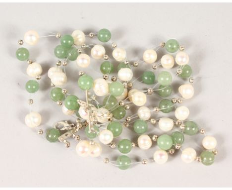 A SILVER, JADE AND PEARL BRACELET. 16cms long.