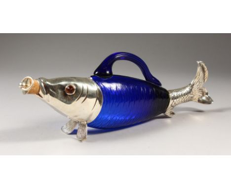 A BLUE GLASS FISH SHAPE DECANTER, with plated mounts. 13ins long.