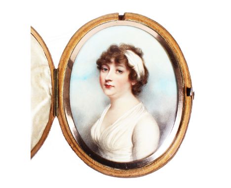 ANDREW PLIMER (1763 - 1837) A FINE OVAL PORTRAIT OF LADY GRAHAM, wearing a white headband and white dress in and oval gold fr
