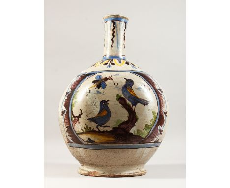 A LARGE CONTINENTAL POLYCHROME DECORATED TIN GLAZE FLASK, decorated with a Chinese figure and birds. 16ins high.