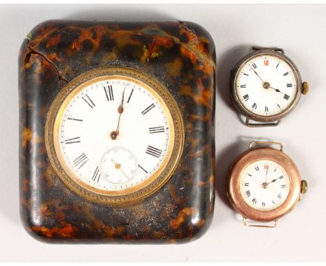 A TRAVELLING CLOCK, and two enamel dial wristwatches (AF).