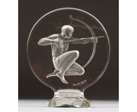 A LALIQUE ARCHER CAR MASCOT. Signed R. LALIQUE. 12cms high. In a Lalique box.