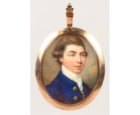 LATE 18TH CENTURY ENGLISH SCHOOL, PORTRAIT OF A GENTLEMAN wearing a blue coat. 1.25ins x 1in.