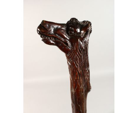 AN UNUSUAL, LARGE WOODEN CLUB / WALKING STICK, carved with an animal head. 47ins long.