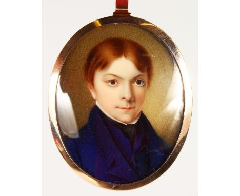 19TH CENTURY ENGLISH SCHOOL, PORTRAIT OF A YOUNG MAN, wearing a blue coat. 2.25ins x 1.75ins.