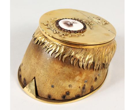 AN UNUSUAL RUSSIAN silver gilt stamp box, made from a horse's hoof, dated 1892, the silver gilt mounts inset with a portrait 