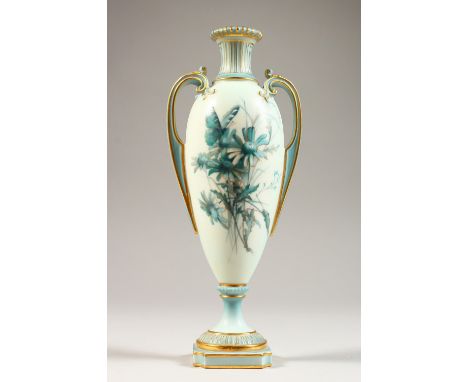 A ROYAL WORCESTER PEDESTAL VASE, No. 1957, pale blue ground decorated with floral sprays. 8.5ins high.