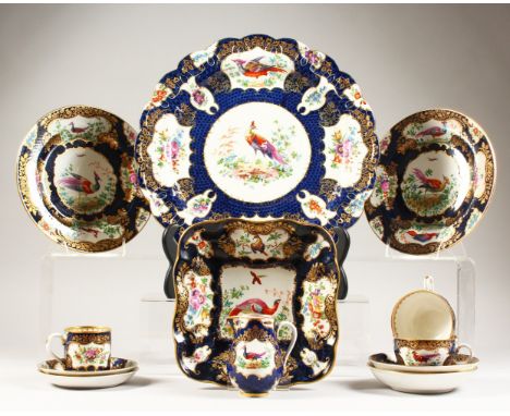 A BOOTH'S PART PEACOCK SERVICE, large plate, square plate, a pair of plates, milk jug, three cuops and four saucers.