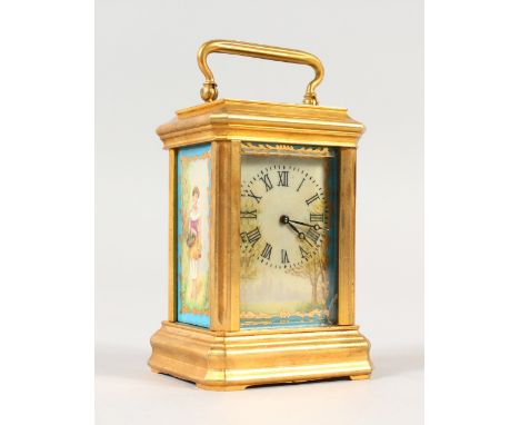 A MINIATURE BRASS CARRIAGE CLOCK, with Sevres style panels. 3ins high.