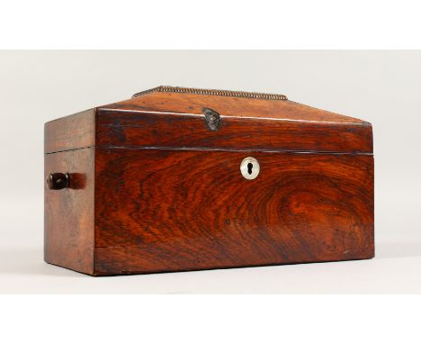 A VICTORIAN ROSEWOOD SARCOPHAGUS SHAPED TEA CADDY, the interior with two lidded compartments and glass mixing bowl. 13.5ins w