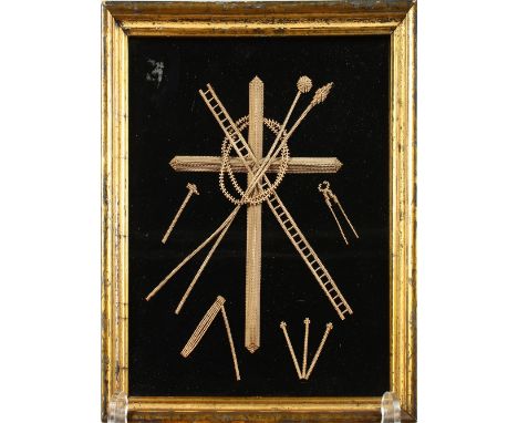 AN UNUSUAL GILT FRAMED COLLAGE, depicting a crucifix and various tools etc. 12ins high x 10ins wide.