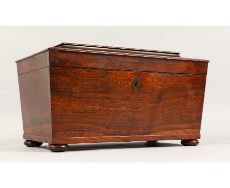 A VICTORIAN SARCOPHAGUS SHAPED TEA CADDY, the interior with two lidded compartments and mixing bowl aperture (bowl lacking). 
