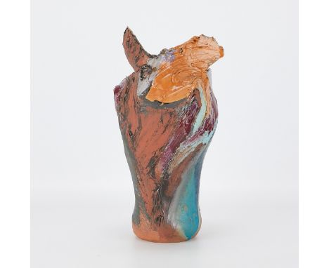 Susanne G. Stephenson (American, b. 1935). Ceramic, terra cotta, and clay slip vase titled "Cut Edge Vase." Inscribed in penc