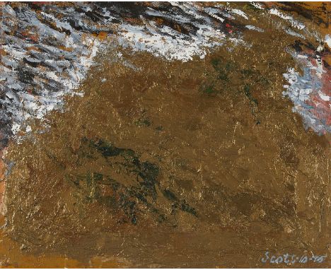 Sam Scott (American, b.1940). Heavily textured mixed media work on canvas board titled "Moment" depicting an abstract scene, 