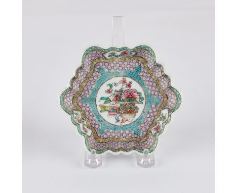 Yongzheng period Chinese export porcelain undertray for a teapot, profusely decorated in famille rose enamels. In a hexagonal