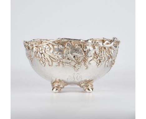 Whiting Manufacturing Co., United States. Sterling silver punch bowl decorated throughout with ornate vines with bunches of f