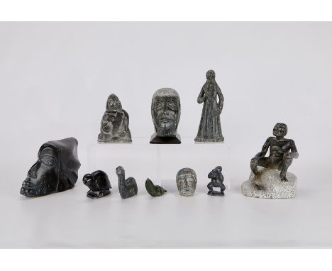 Group of ten 20th-century Inuit carved stone sculptures depicting figures and animals by artists including: Lucassie Amm, Luc