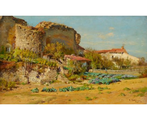 Alfred Renaudin (French, 1866-1944). Oil on canvas painting titled "Potage et Verger au Pied des Ruines (Vegetable Garden and