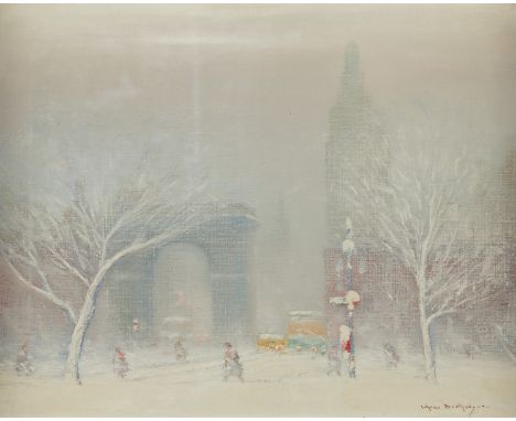Johann Henrik Carl Berthelsen (Danish/American, 1883-1972). Oil on canvas painting titled "Winter in Washington Square, New Y