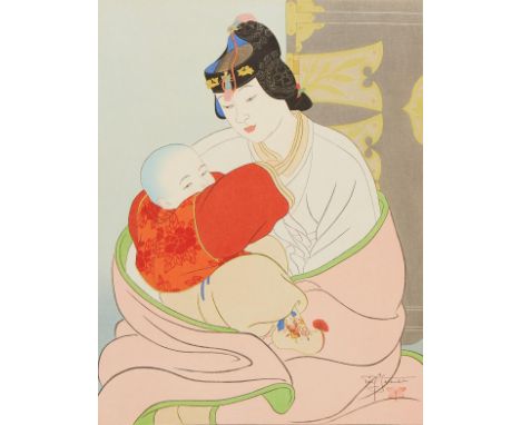 Paul Jacoulet (French, 1896-1960). Woodblock print titled "Le Tresor - Coree (The Treasure - Korea)," depicting a mother and 