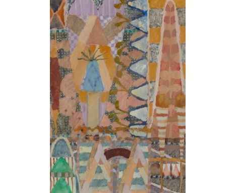 Jack Portland (American, b. 1946). Acrylic on paper painting titled "Home Tonight" depicting an abstract geometric scene with