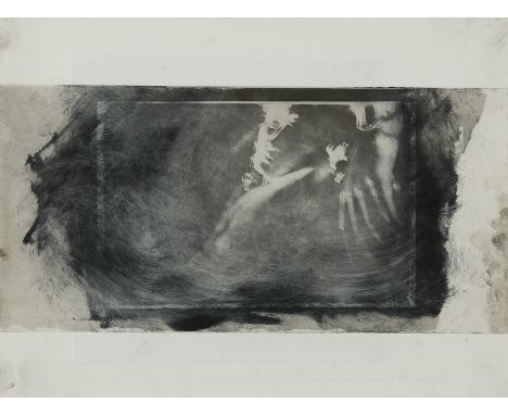 Mixed media monoprint depicting a photorealistic portrait, unsigned.Unframed; height: 11 in x width: 15 in. Framed; height: 1