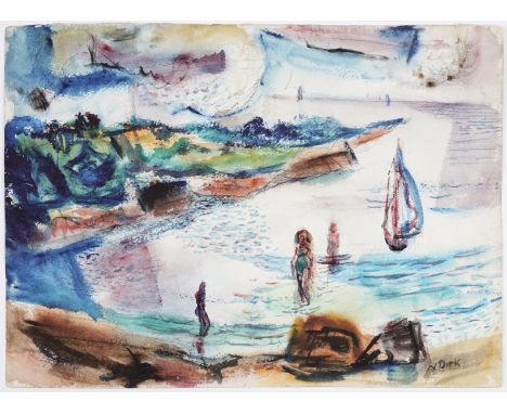 Nathaniel Dirk (American, 1895-1961). Watercolor on paper of an incoming sailboat to shore where three figures are seen wadin