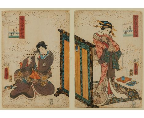 Utagawa Kunisada (Japanese, 1786-1865). Diptych woodblock print depicting Mitsuuji (playing the flute) just before he tells t