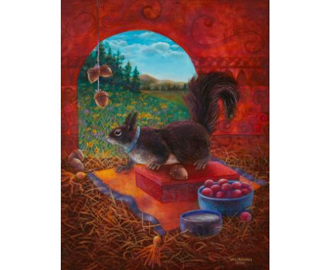 Wendy Vaughan (American, 20th/21st c.) Oil on board fantasy painting depicting a collared squirrel in a nest filled with acor