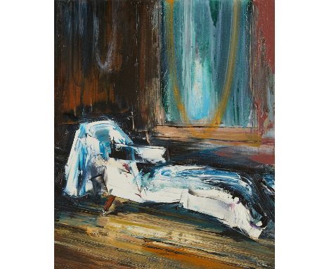John Monks (British, b. 1954). Oil on canvas painting titled "Chaise Lounge No. 2" depicting an abstract interior scene, 2003