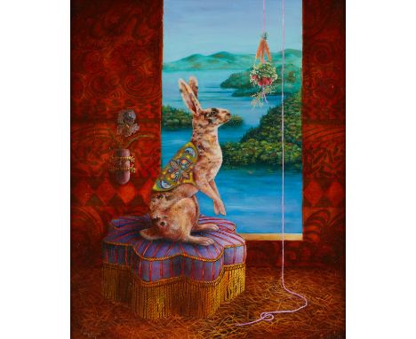 Wendy Vaughan (American, 20th/21st c.) Oil on board fantasy painting titled "French Hare" depicting a rabbit on a cushion loo