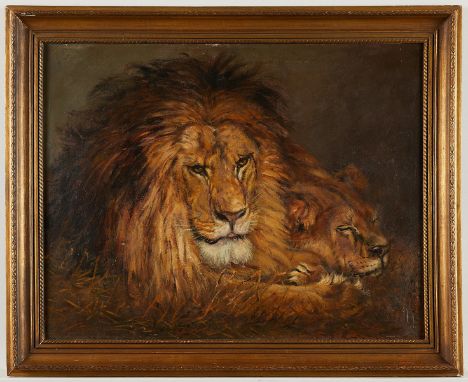 Geza Jeno Ferenc Vastagh (Hungarian, 1866-1919). Oil on board painting depicting a lion and lioness. Signed along the lower l