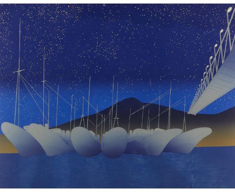Yuse Yoshinori (Japanese, b. 1947). Lithograph on paper titled "Tantopia Port" depicting a row of boats in a harbor. Pencil s