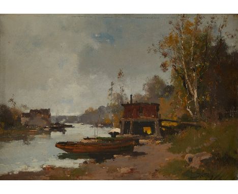 Jacques Lievin (Eugene Galien-Laloue) (French, 1854-1941). Oil on canvas painting depicting a riverbank. Signed along the low