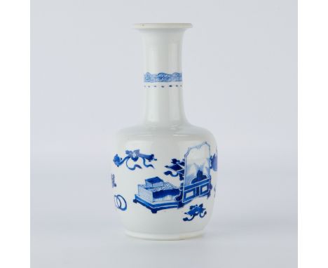 18th c. Chinese blue and white porcelain mallet vase, decorated with interior vignettes interspersed with auspicious Buddhist