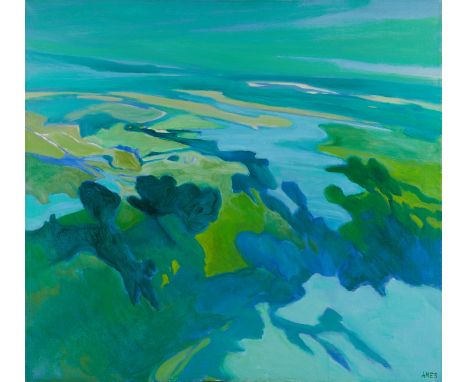 Phyllis Wiener (American, 1921-2013). Oil on canvas painting titled "Airbourne," depicting a landscape in cool blues and gree