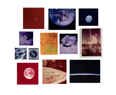 Group of 11 NASA 70mm transparency film slides and one color negative including four framed with archival mats, five archival