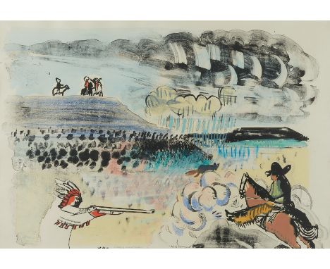 Malcolm Haynie Myers (American, 1917-2002). Lithograph on paper with hand coloring titled "Geronimo," depicting a battle. Pen