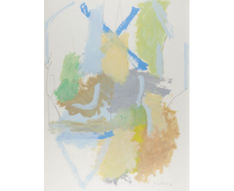 Jack Roth (American, 1927-2004) also known as "Rodney Jack Roth." Mixed media painting on paper depicting an abstract scene. 